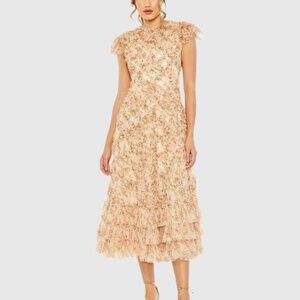 MAC DUGGAL Beige Ruffle Tiered Short Sleeve A Line Dress